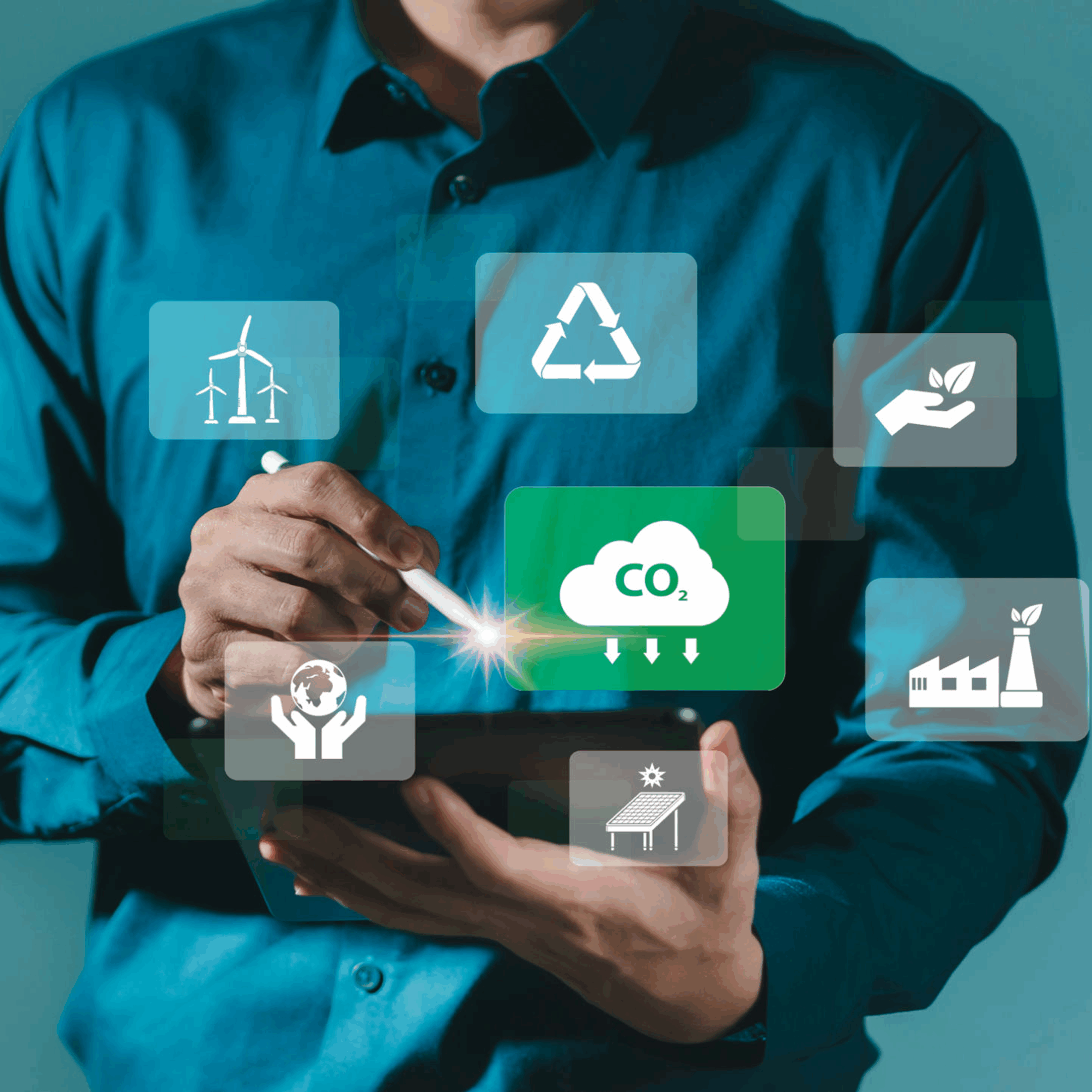 Person using tablet with environmental icons.