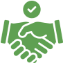 Green handshake icon with check mark.